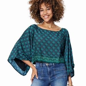 Altar'd State Aller Simplement Boho Cropped Kimono Top Teal Navy‎ Wide Sleeve M